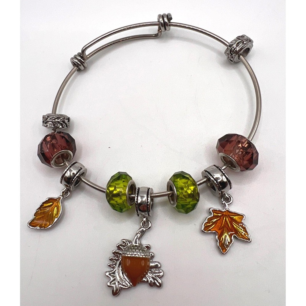 Silver Tone Fall Charm‎ Bangle Bracelet Leaves Acorn Green Brown Beads